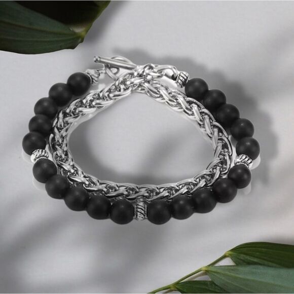 8inch x 8mm Black Matte Stone Bead Franco Bracelet. - Picture 2 of 3